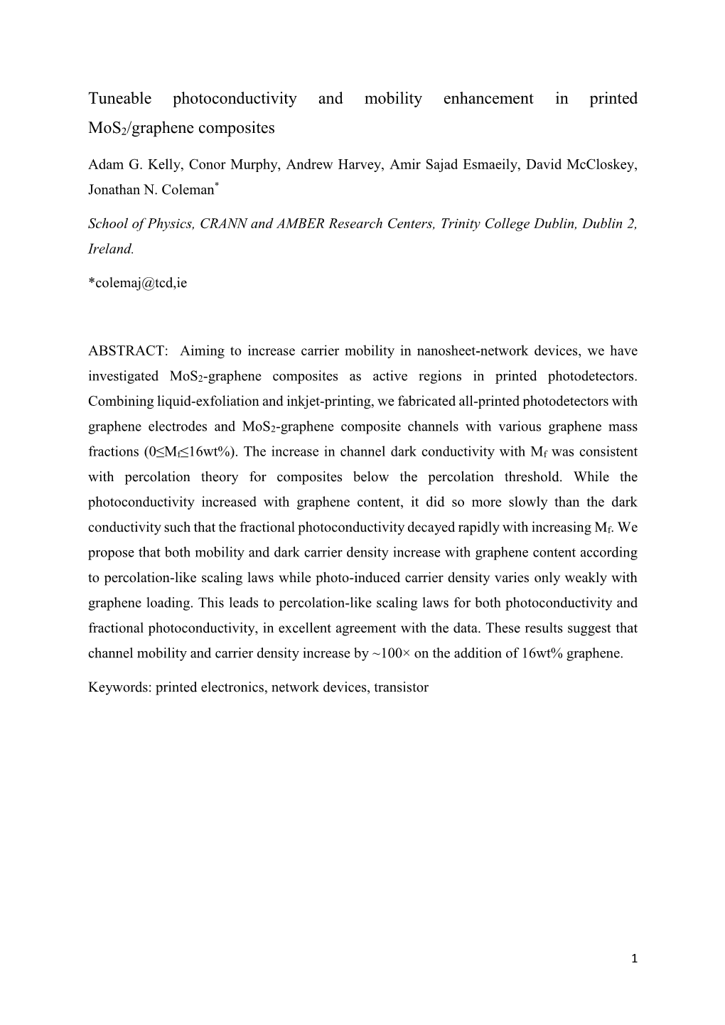 Tuneable Photoconductivity and Mobility Enhancement in Printed