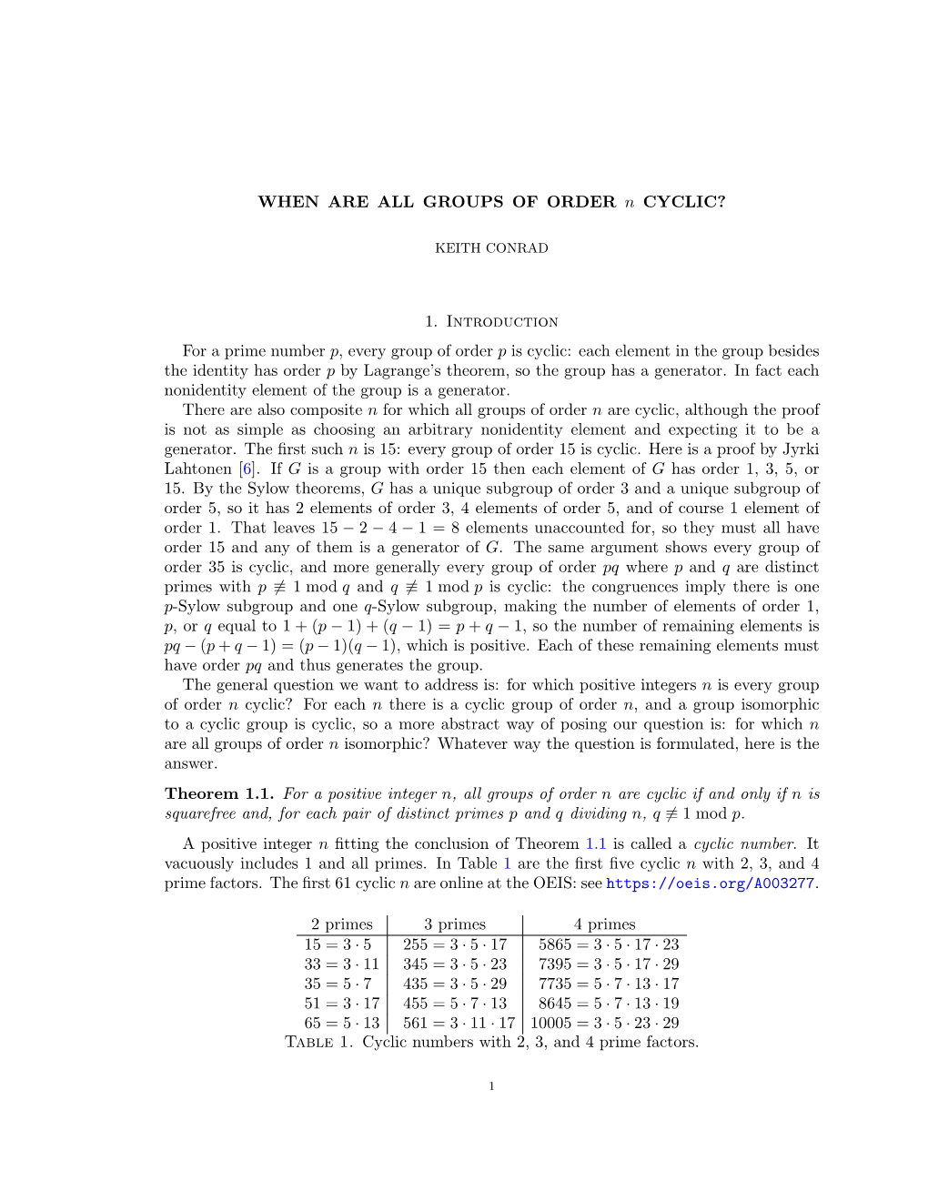 1. Introduction for a Prime Number P, Every Group of Order P Is Cyclic