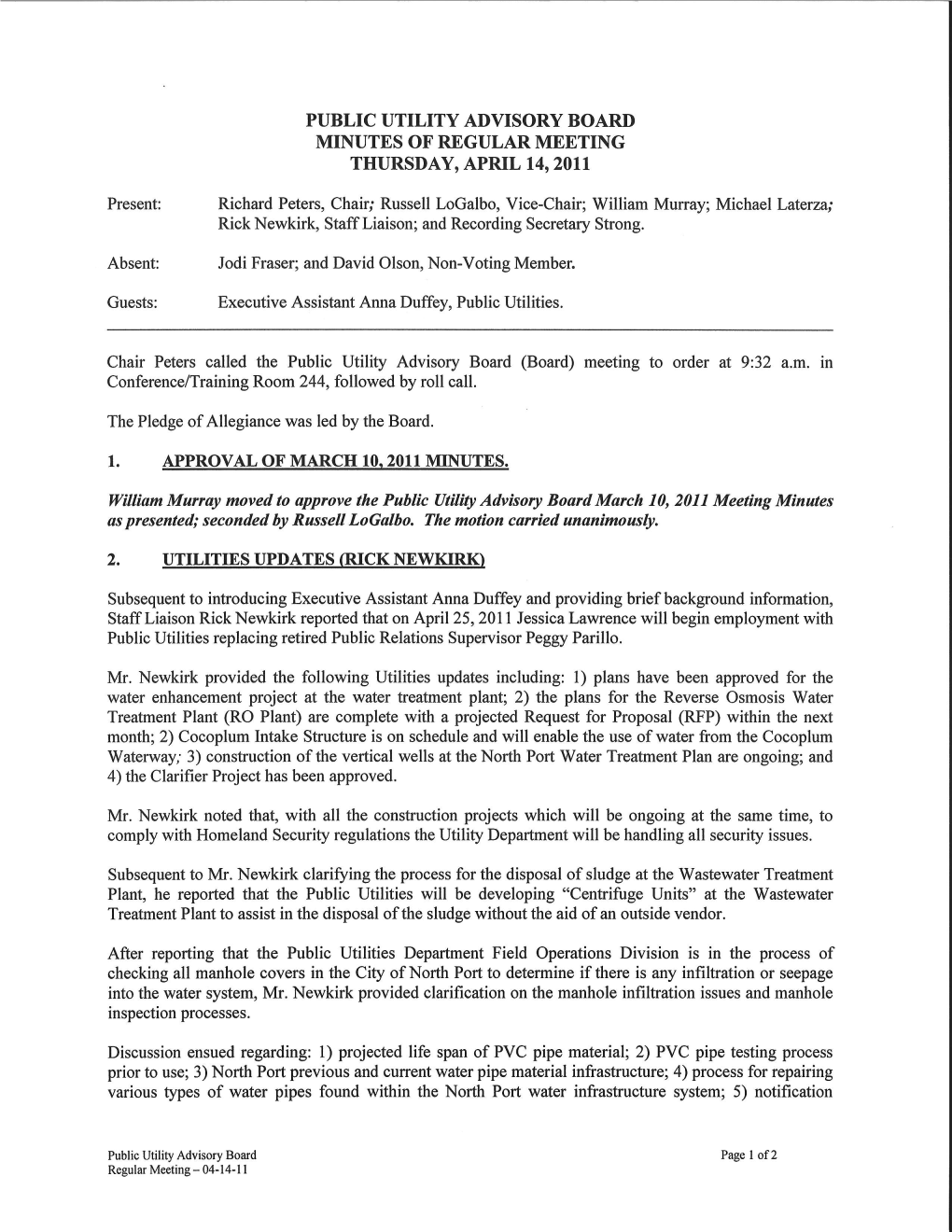 Public Utility Advisory Boari) Minutes Of' Regular Meeting Thursday, April 14, 2Oii