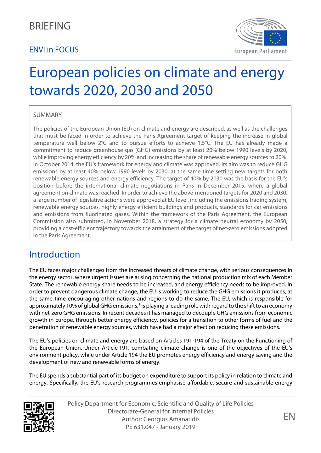 European Policies on Climate and Energy Towards 2020, 2030 and 2050