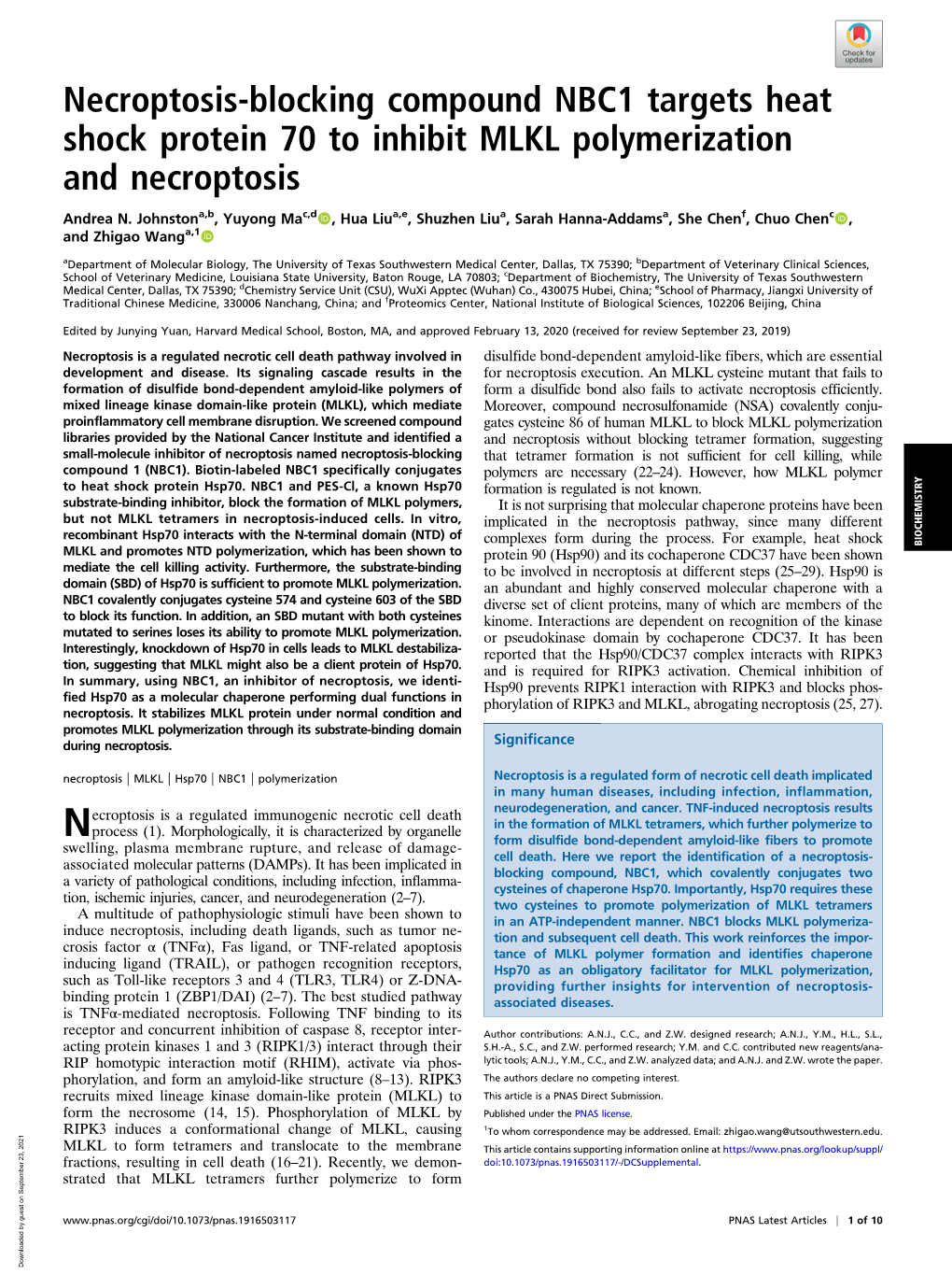 Necroptosis-Blocking Compound NBC1 Targets Heat Shock Protein 70 to Inhibit MLKL Polymerization and Necroptosis