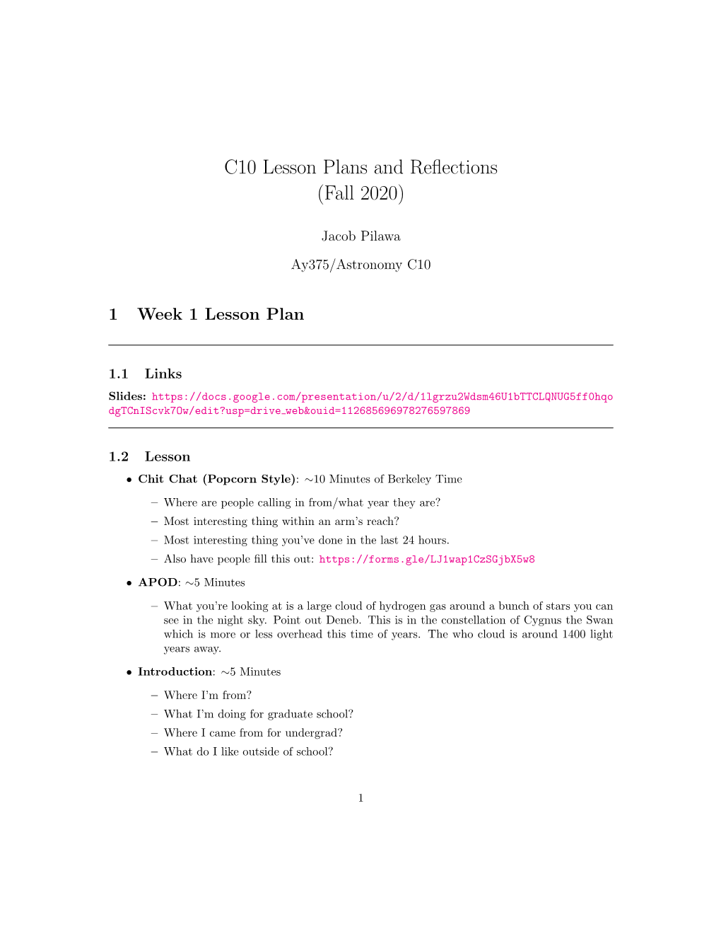 C10 Lesson Plans and Reflections (Fall 2020)