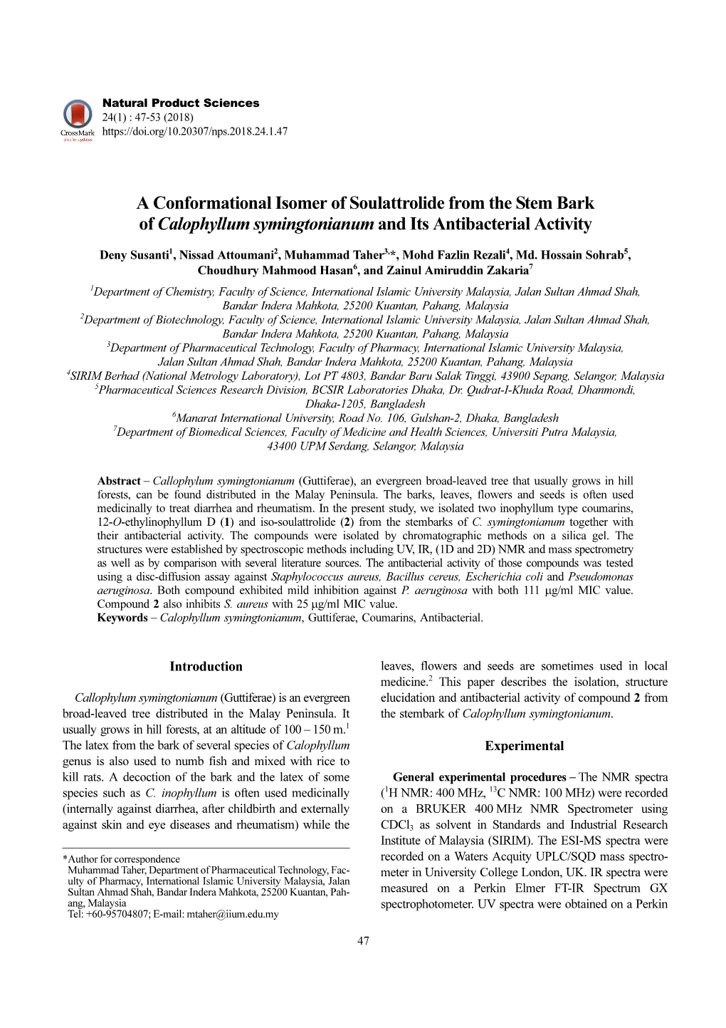 A Conformational Isomer of Soulattrolide from the Stem Bark Of