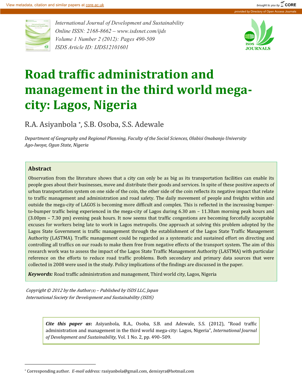 Road Traffic Administration and Management in the Third World Mega- City: Lagos, Nigeria