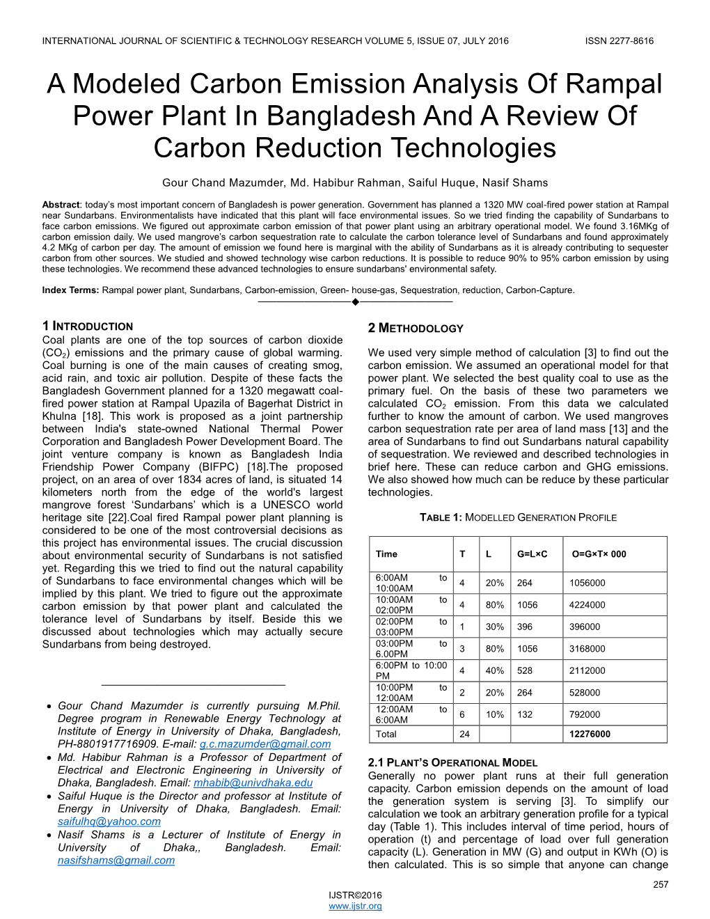 A Modeled Carbon Emission Analysis of Rampal Power Plant in Bangladesh and a Review of Carbon Reduction Technologies