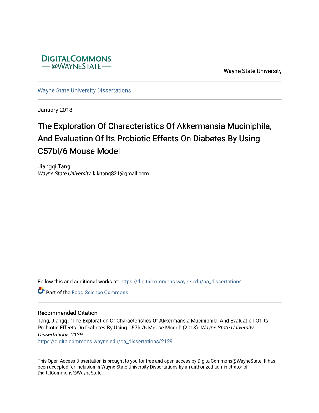 The Exploration of Characteristics of Akkermansia Muciniphila, and Evaluation of Its Probiotic Effects on Diabetes by Using C57bl/6 Mouse Model
