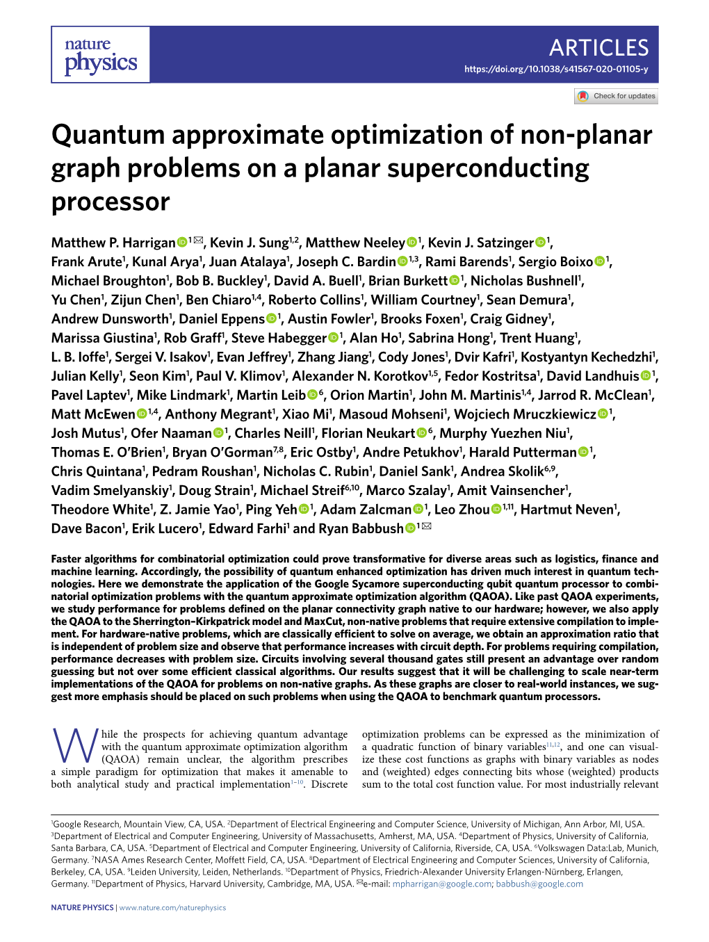 Quantum Approximate Optimization of Non-Planar Graph Problems on a Planar Superconducting Processor