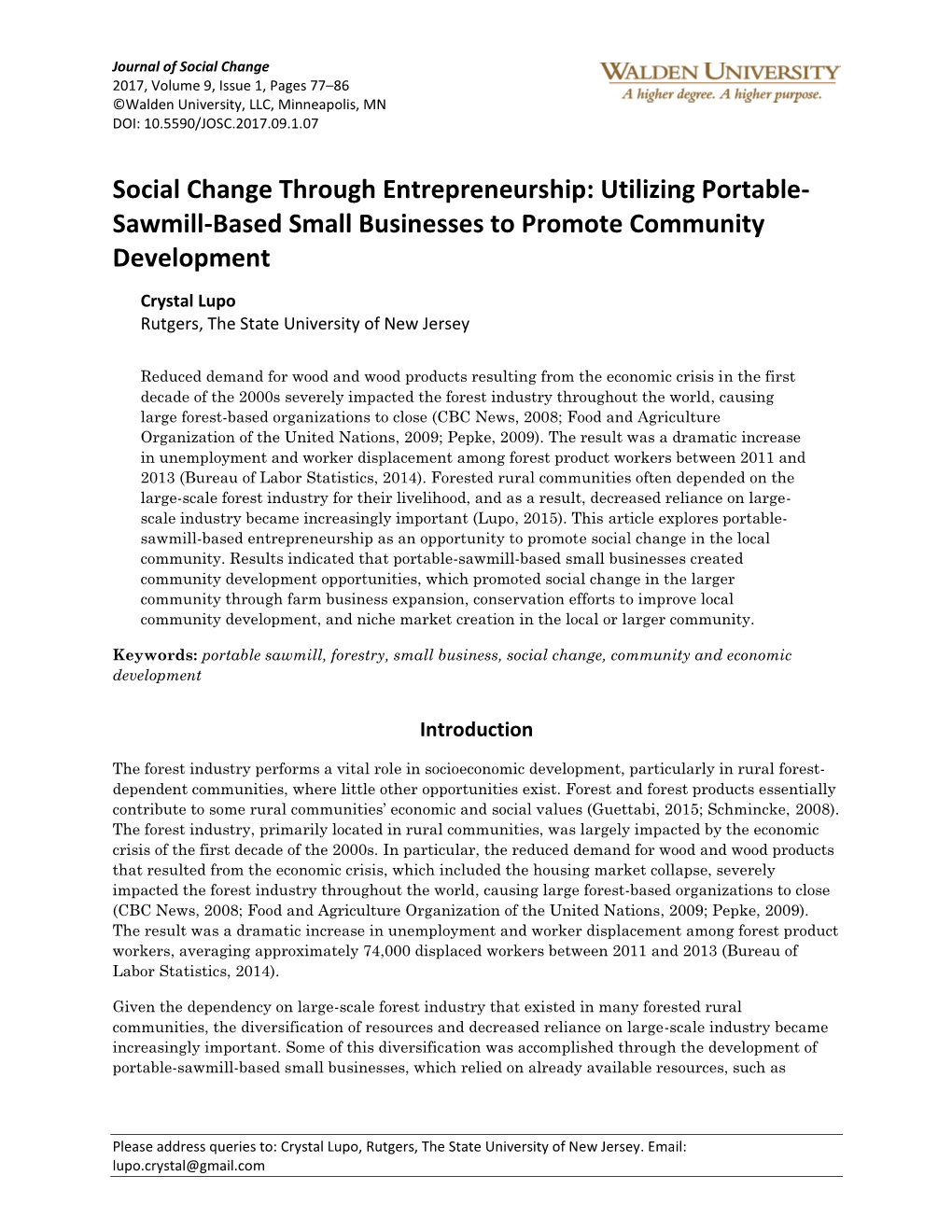 Social Change Through Entrepreneurship: Utilizing Portable Sawmill Based Small Businesses to Promote Community Development