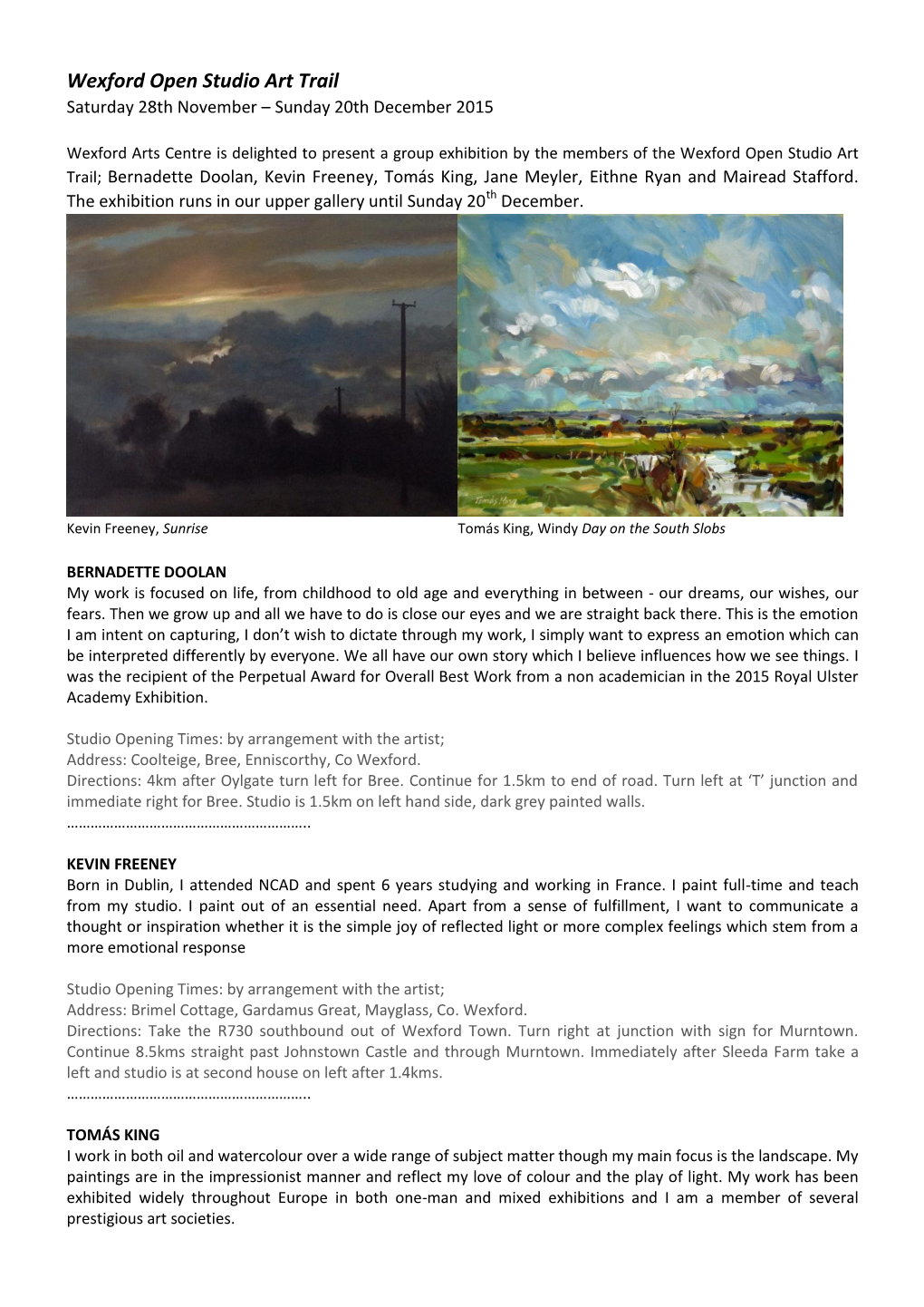 Wexford Open Studio Art Trail Saturday 28Th November – Sunday 20Th December 2015