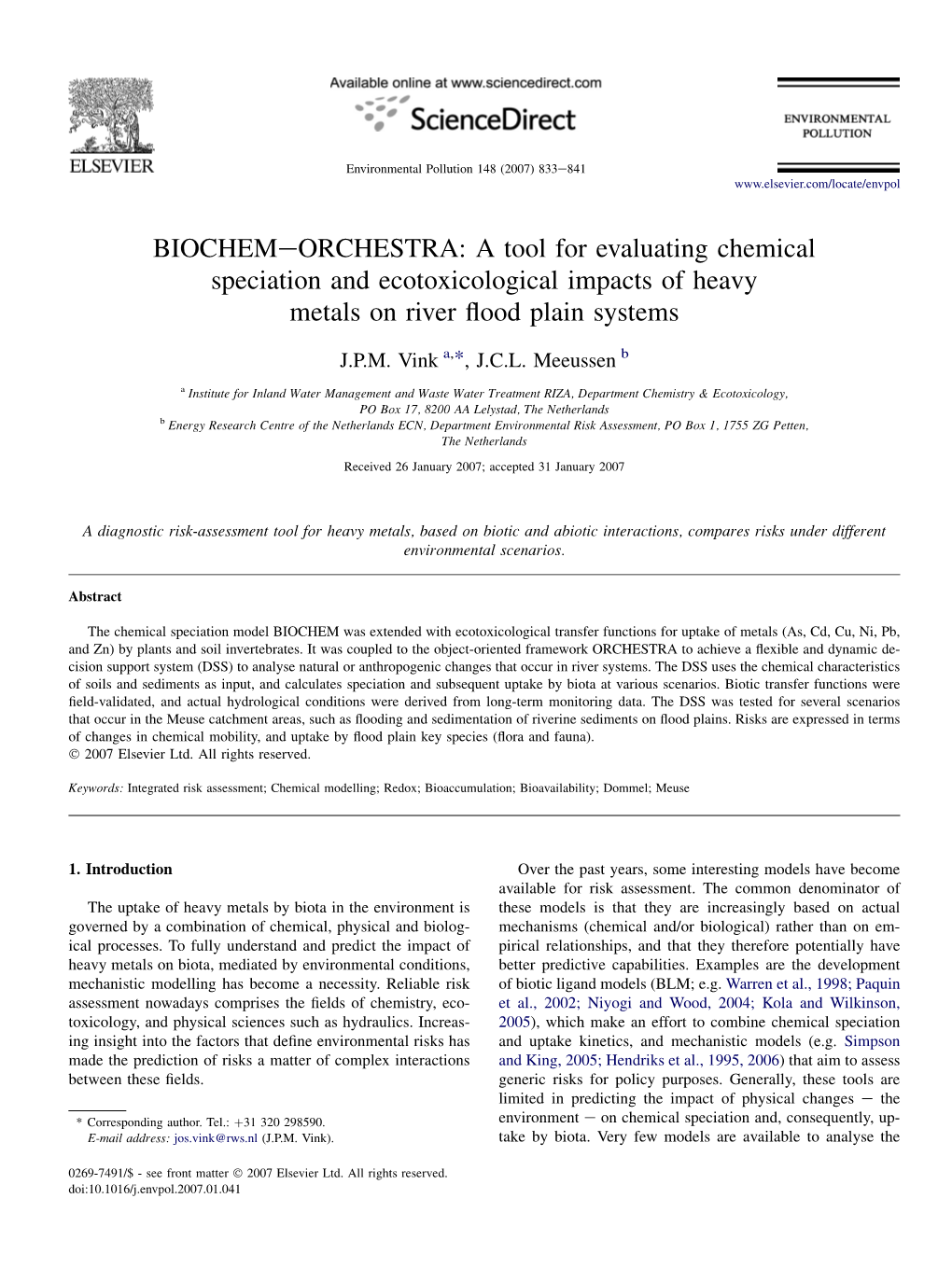 A Tool for Evaluating Chemical Speciation and Ecotoxicological Impacts of Heavy Metals on River ﬂood Plain Systems