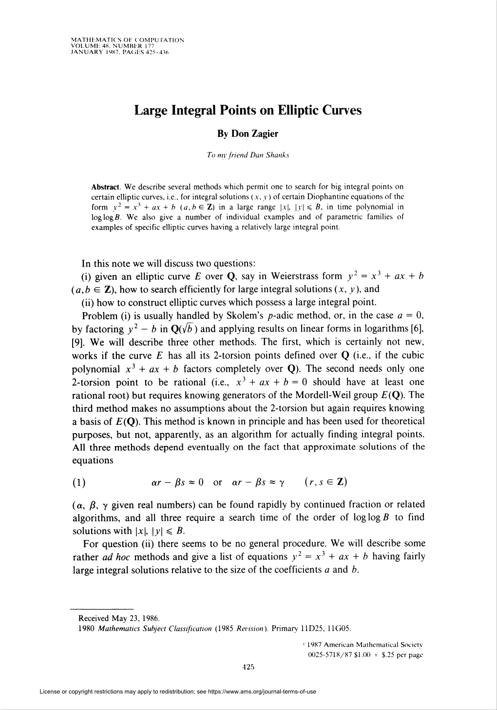 Large Integral Points on Elliptic Curves