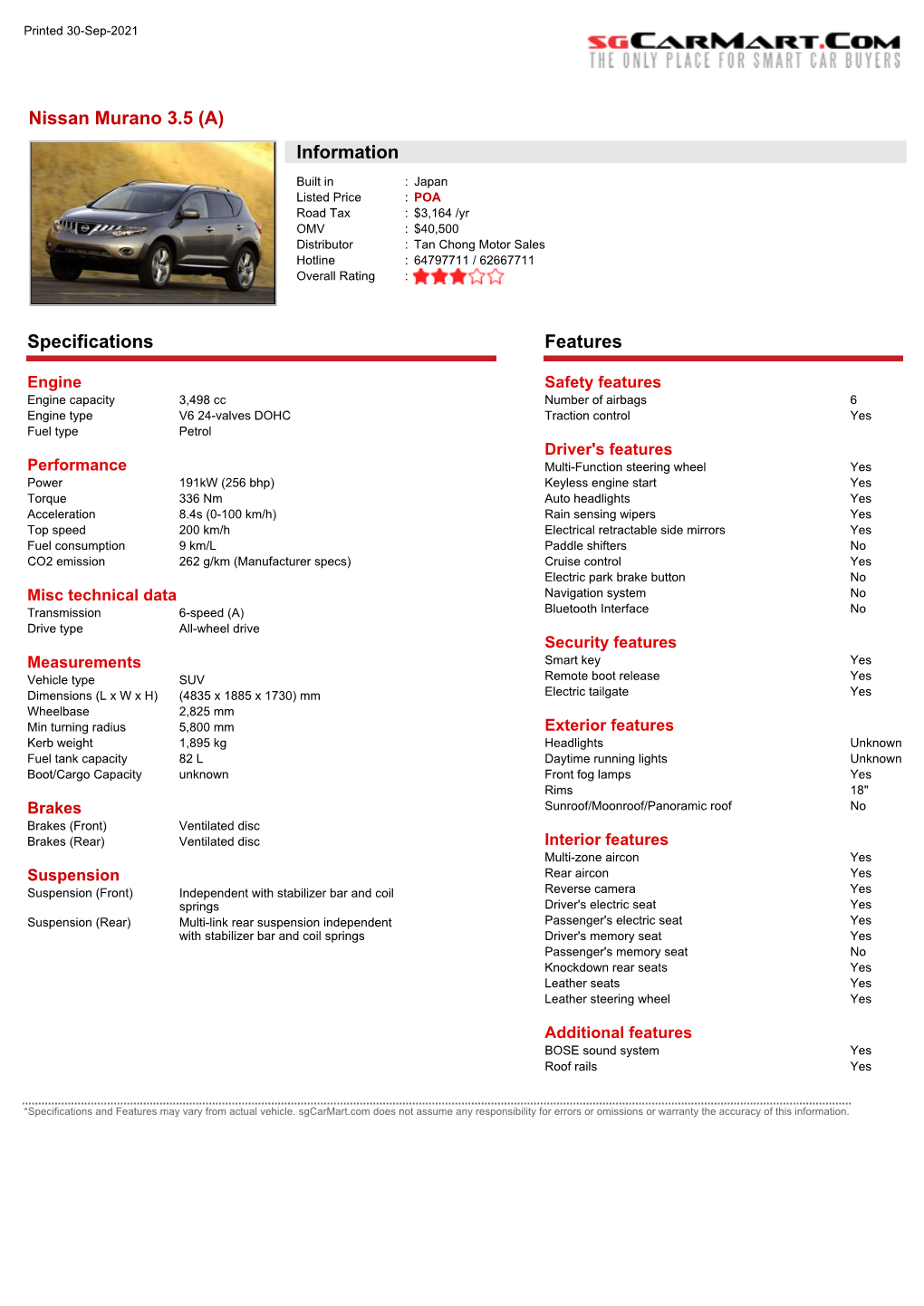Nissan Murano 3.5 (A) Information