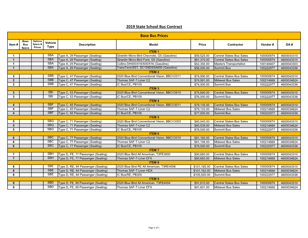 2019 State School Bus Contract Base Bus Prices