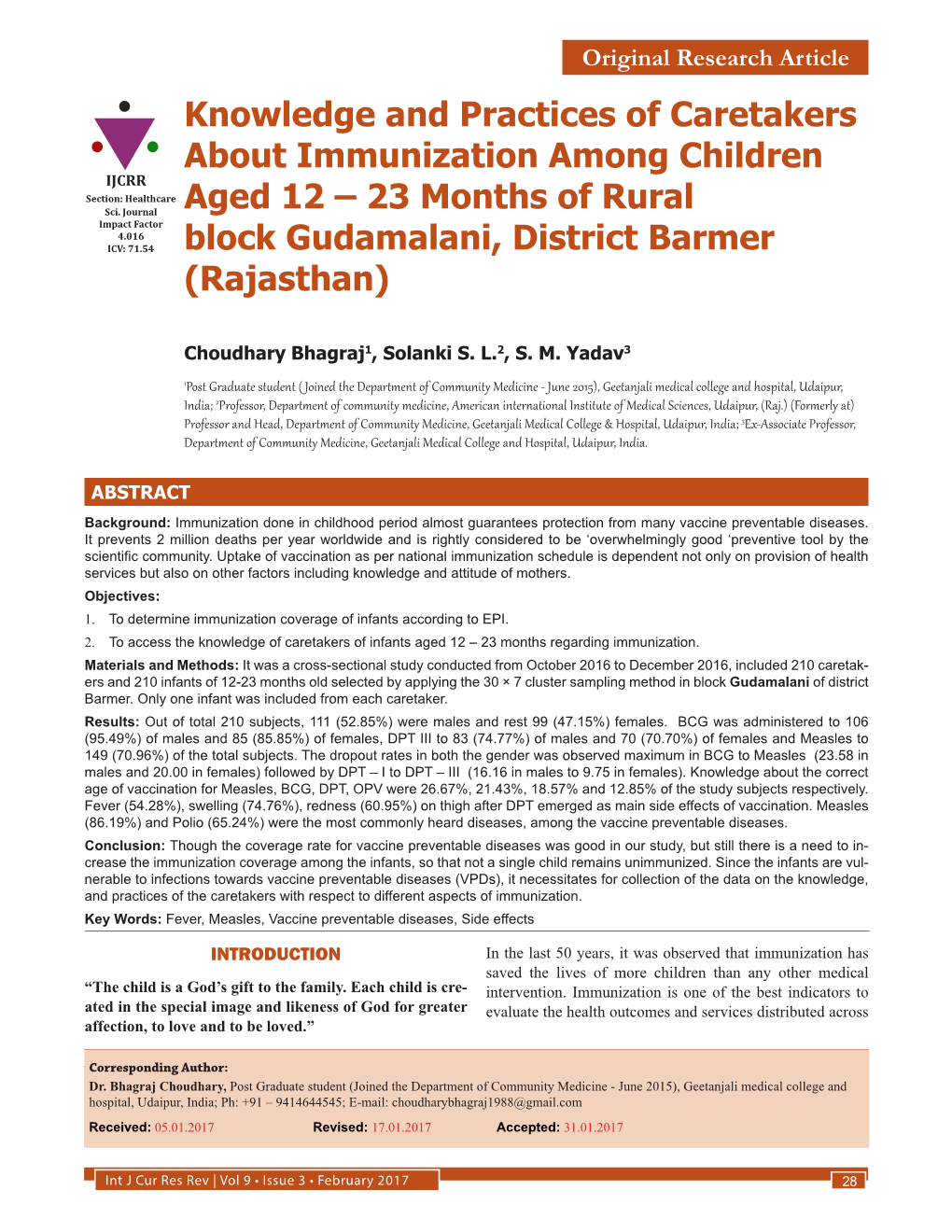 Knowledge and Practices of Caretakers About Immunization Among Children IJCRR Section: Healthcare Sci