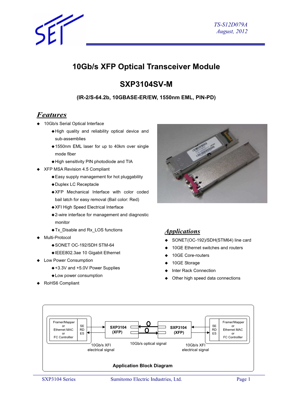 10Gb/S XFP Optical Transceiver Module SXP3104SV-M