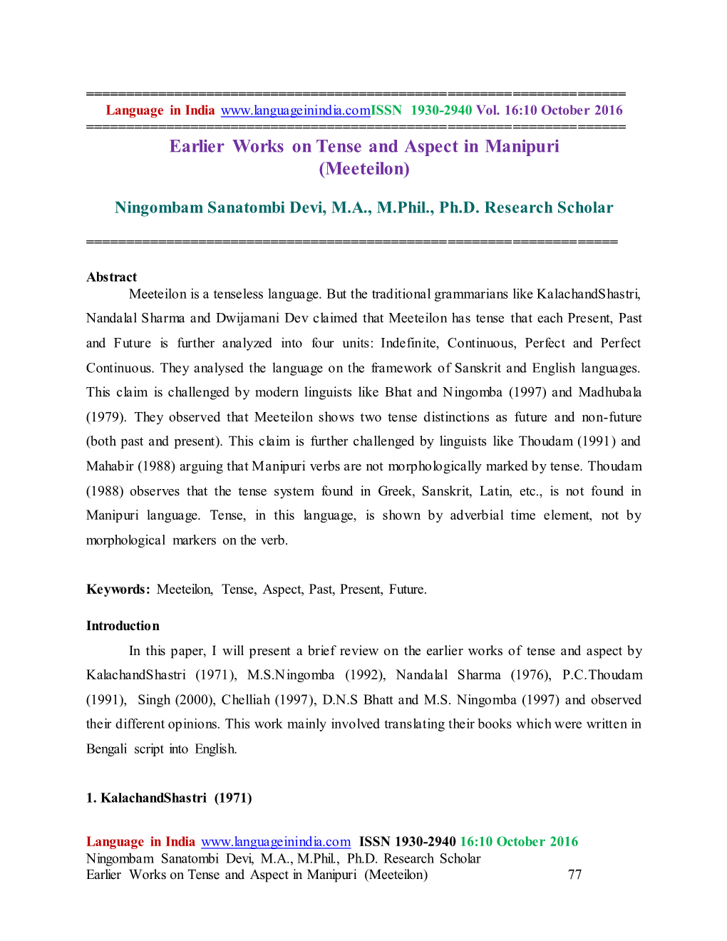 Earlier Works on Tense and Aspect in Manipuri (Meeteilon)