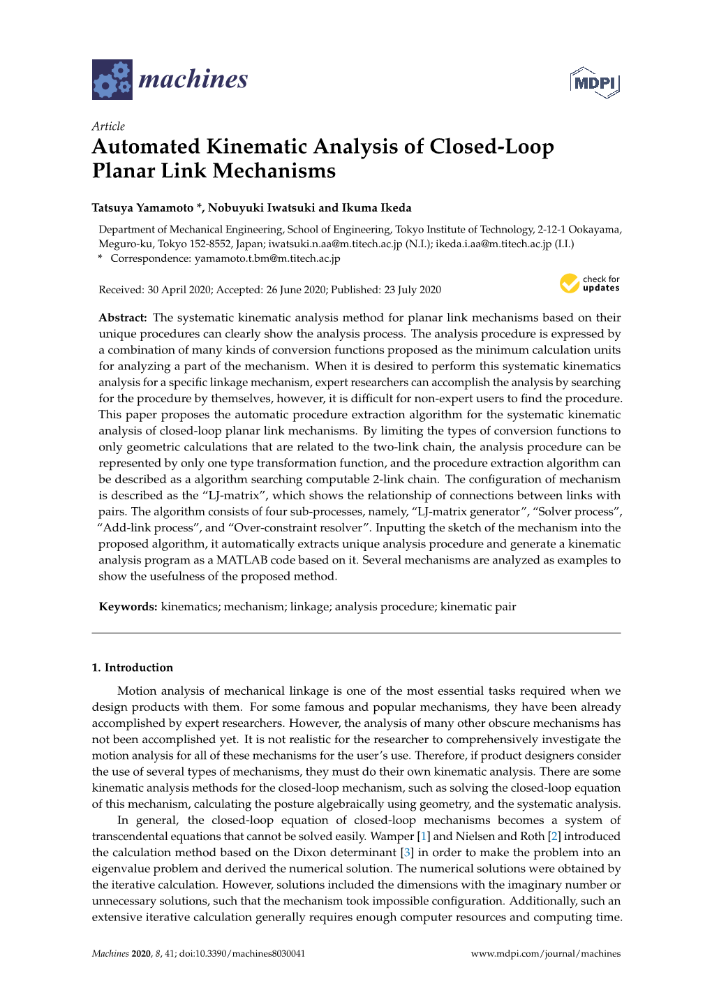 Automated Kinematic Analysis of Closed-Loop Planar Link Mechanisms