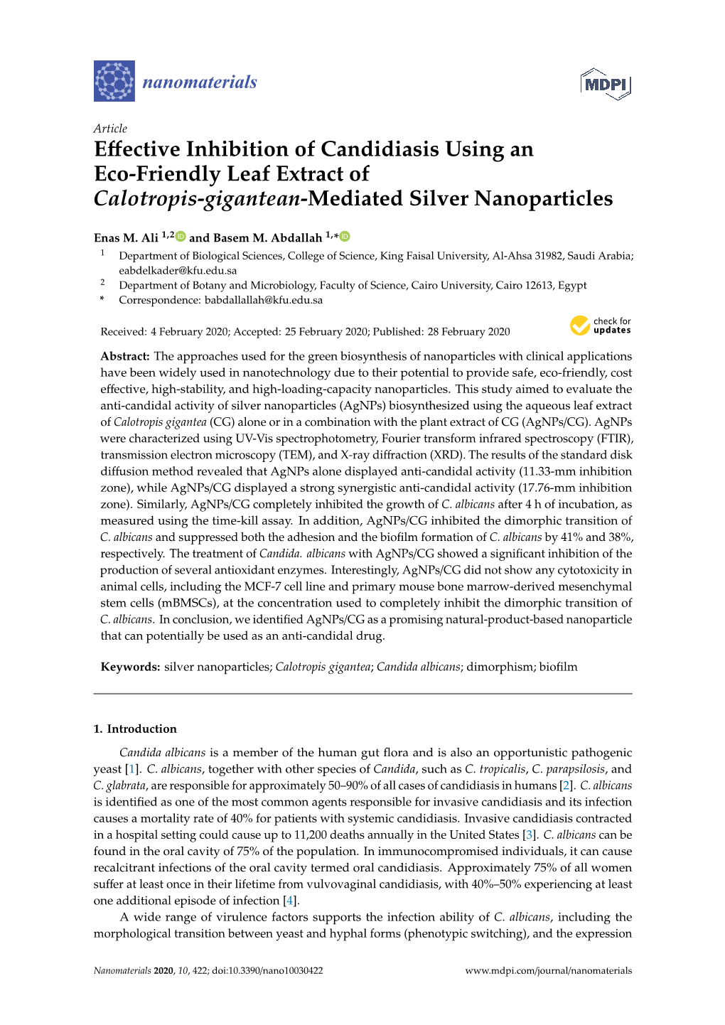 Effective Inhibition of Candidiasis Using an Eco-Friendly Leaf Extract