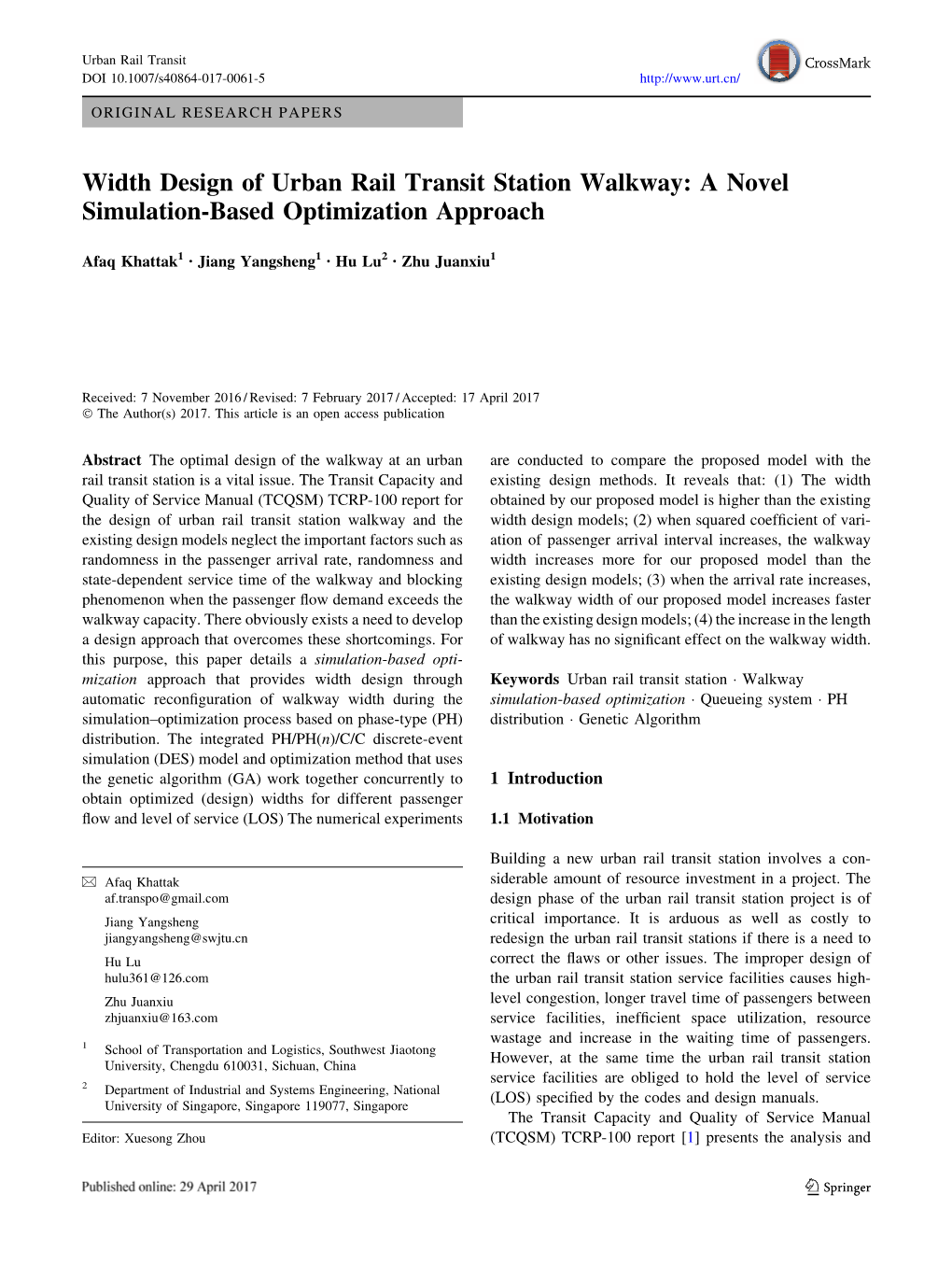 Width Design of Urban Rail Transit Station Walkway: a Novel Simulation-Based Optimization Approach