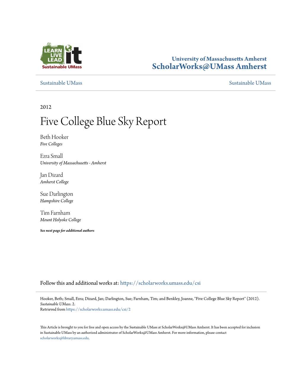 Five College Blue Sky Report Beth Hooker Five Colleges