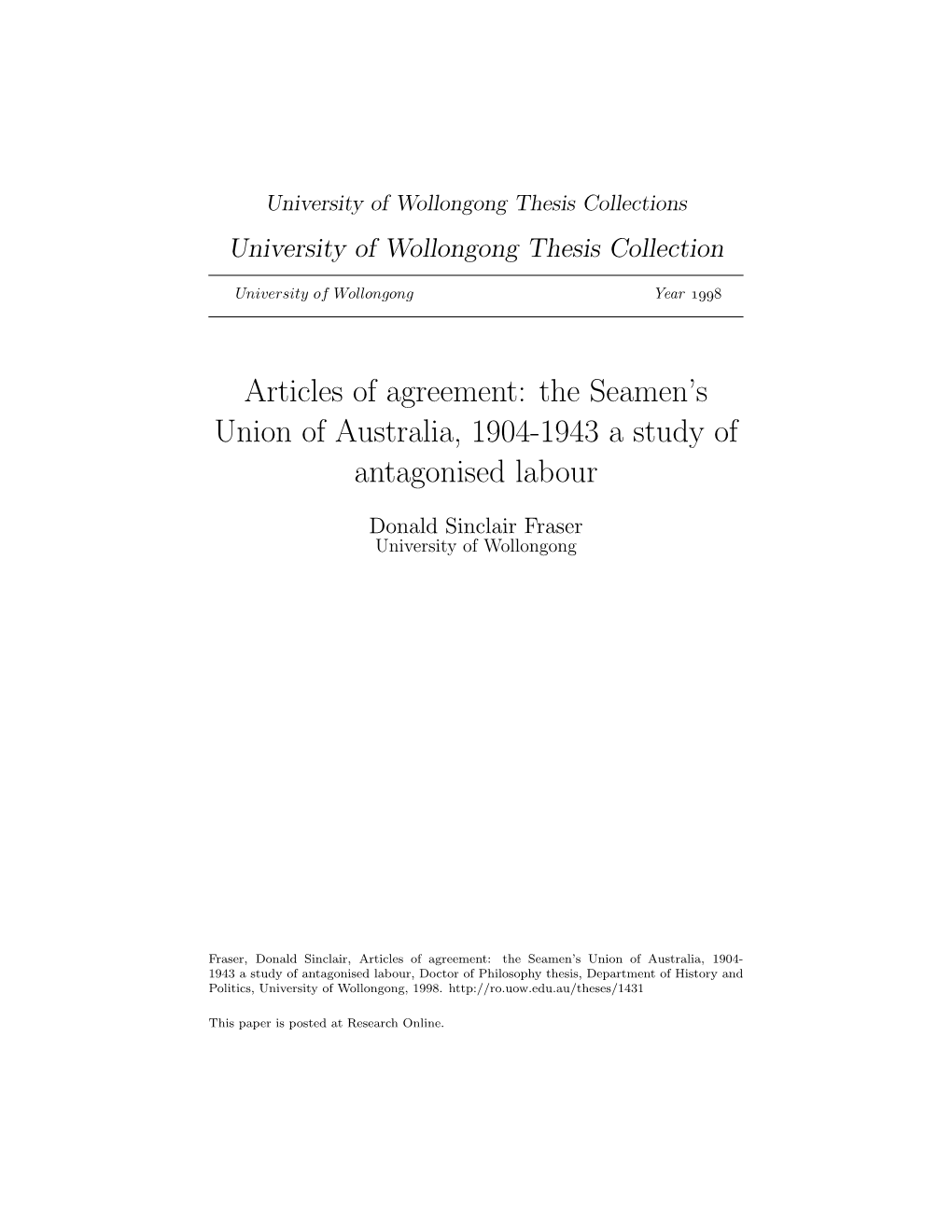 The Seamen's Union of Australia, 1904-1943 a Study of Antagonised Labour