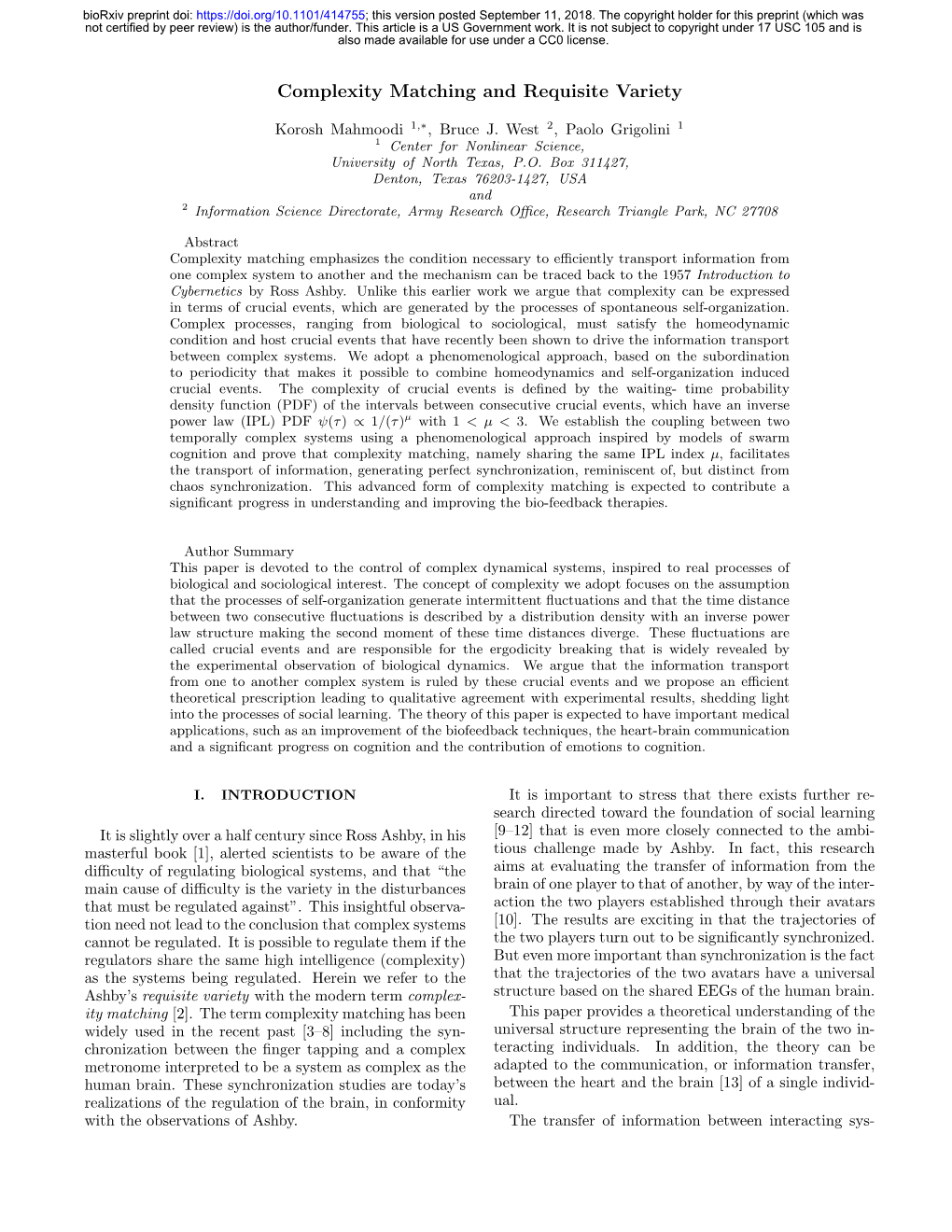 Complexity Matching and Requisite Variety