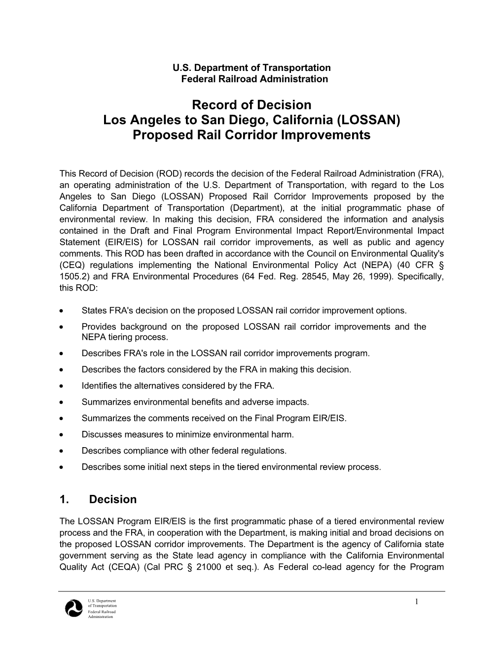 Record of Decision Los Angeles to San Diego, California (LOSSAN) Proposed Rail Corridor Improvements