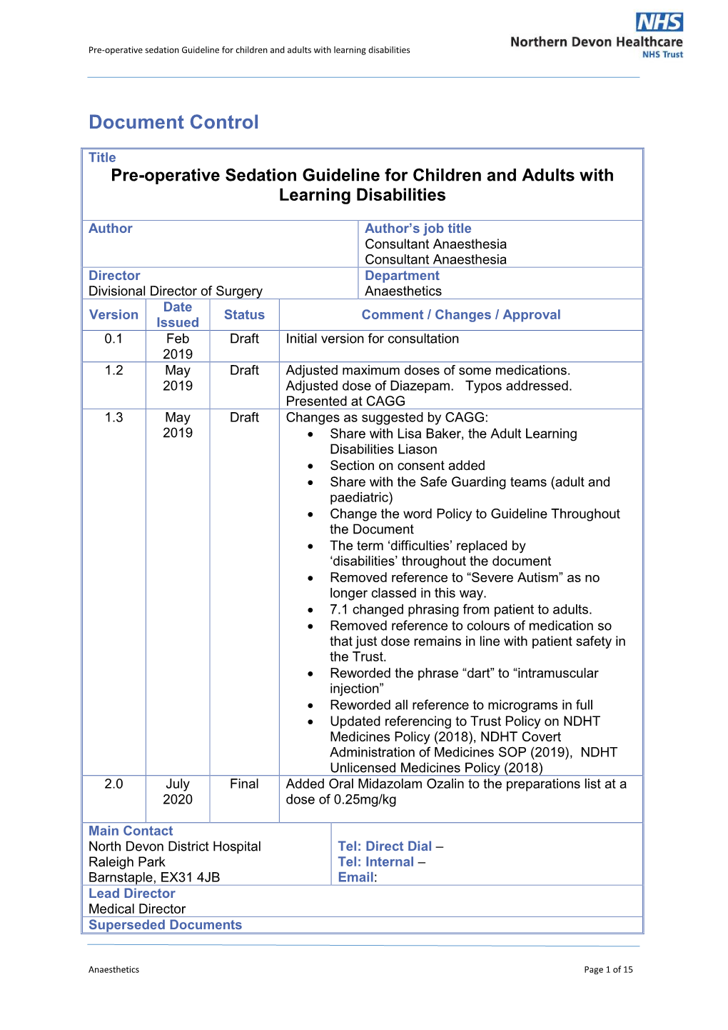 Pre-Operative Sedation Guideline for Children and Adults with Learning Disabilities