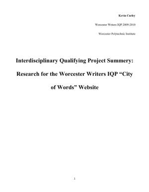 Research for the Worcester Writers IQP “City