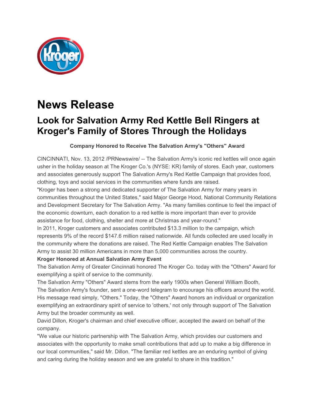 News Release Look for Salvation Army Red Kettle Bell Ringers at Kroger's Family of Stores Through the Holidays