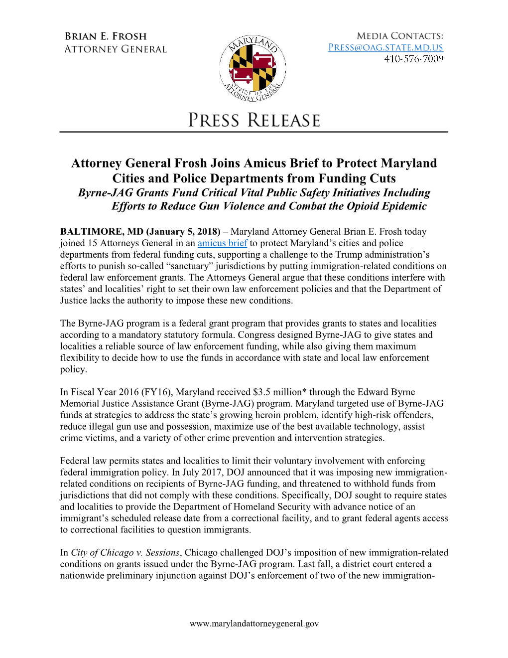 Attorney General Frosh Joins Amicus Brief to Protect Maryland Cities And