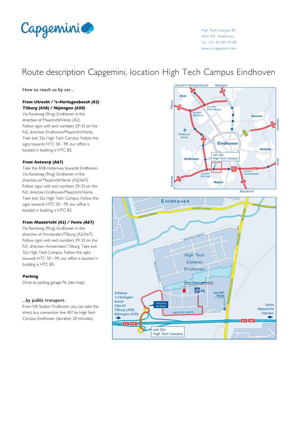 Route Description Capgemini, Location High Tech Campus Eindhoven