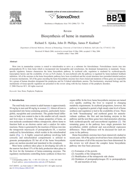 Biosynthesis of Heme in Mammals ⁎ Richard S