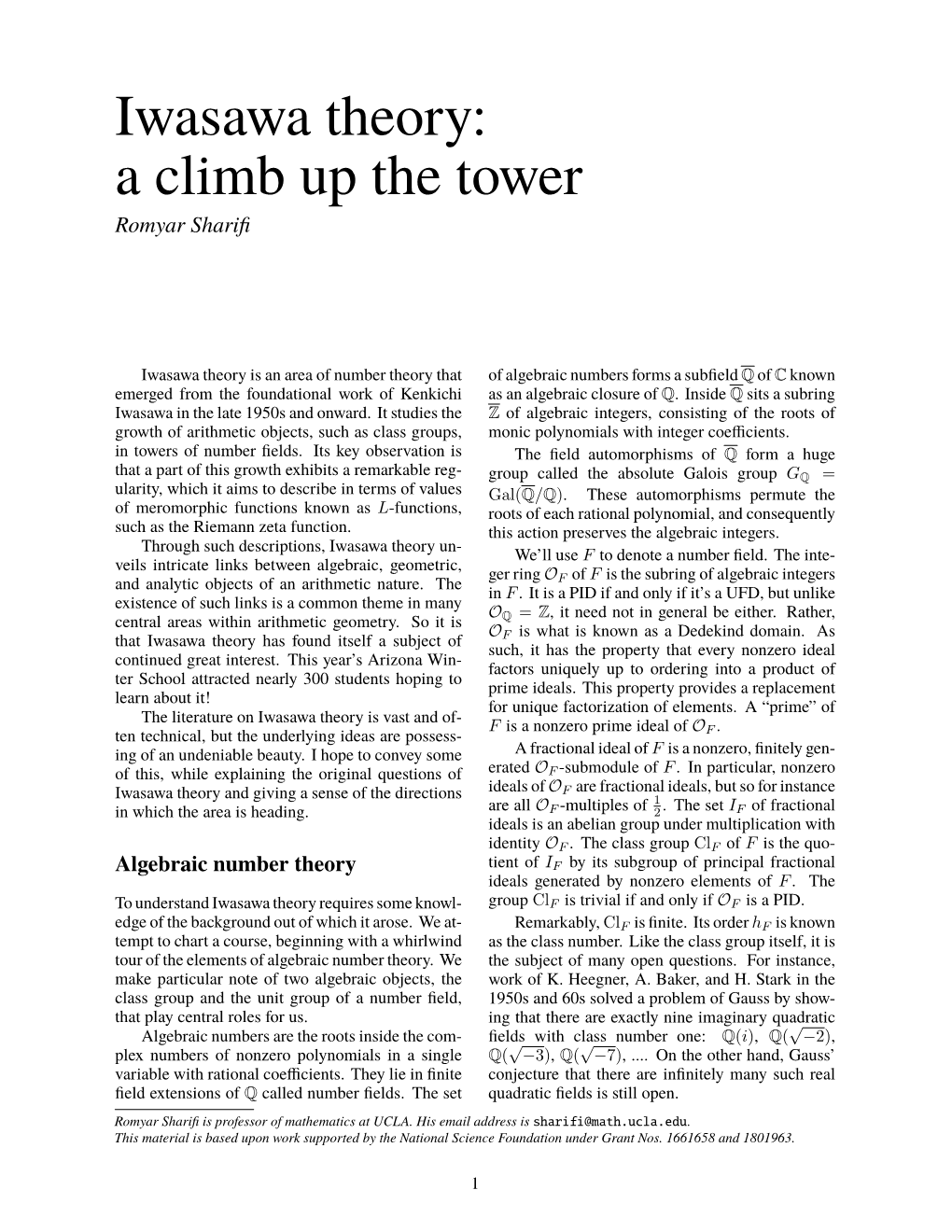 Iwasawa Theory: a Climb up the Tower Romyar Shariﬁ