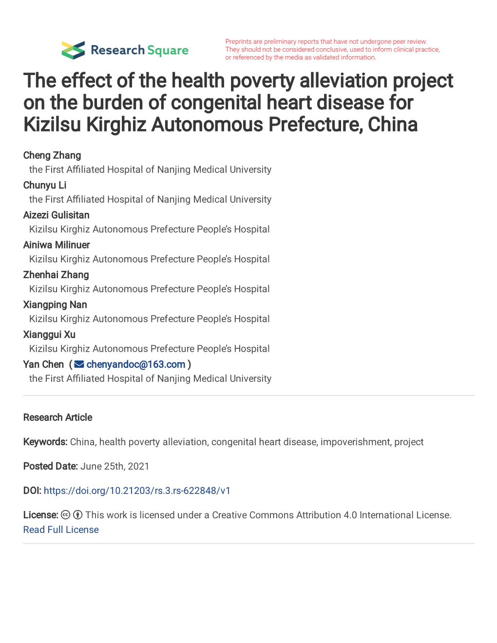 The Effect of the Health Poverty Alleviation Project on the Burden of Congenital Heart Disease for Kizilsu Kirghiz Autonomous Prefecture, China