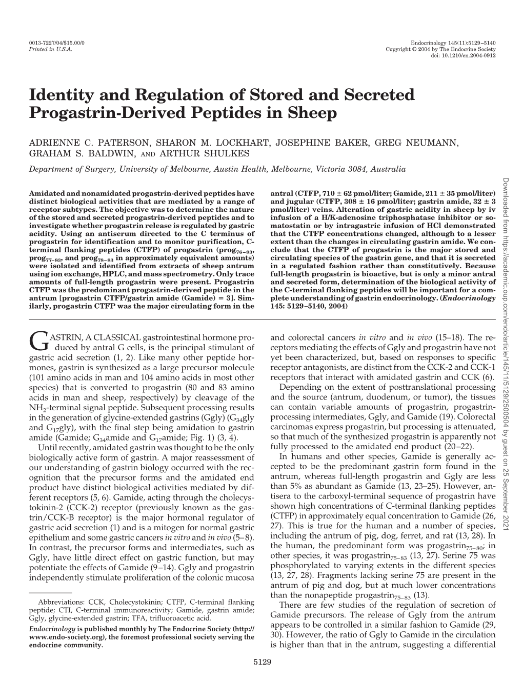 Identity and Regulation of Stored and Secreted Progastrin-Derived Peptides in Sheep