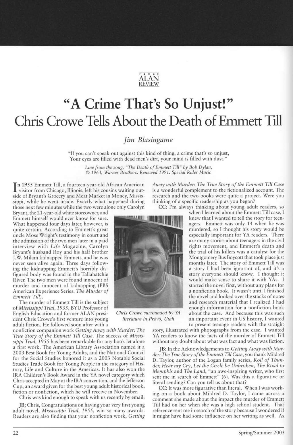 ALAN V30n3 "A Crime That's So Unjust!": Chris Crowe Tells About