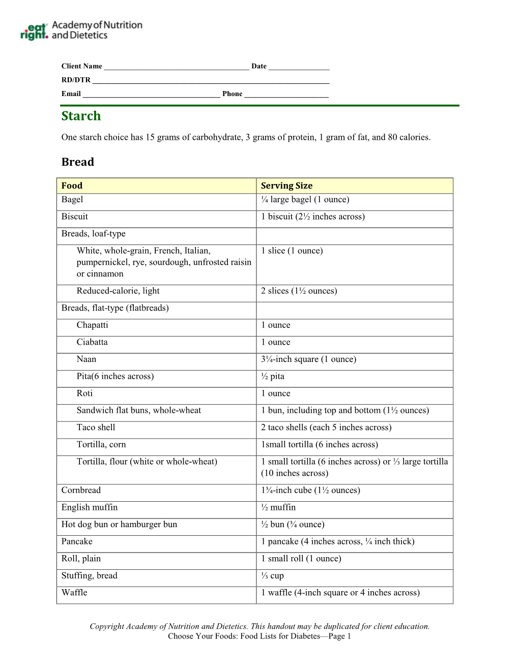 Choose Your Foods List