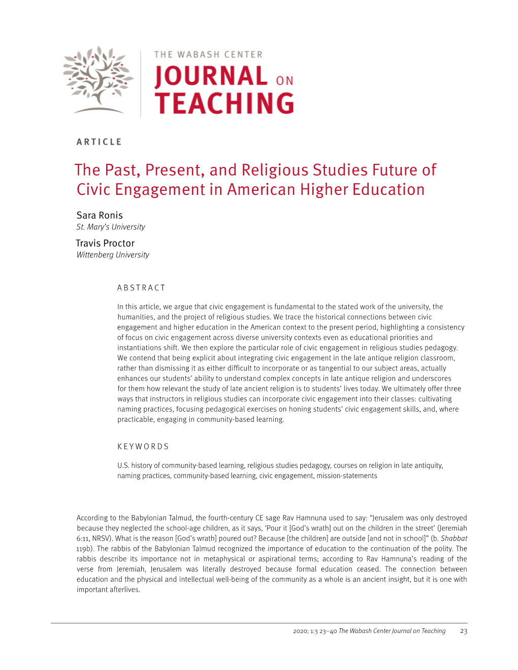 The Past, Present, and Religious Studies Future of Civic Engagement in American Higher Education