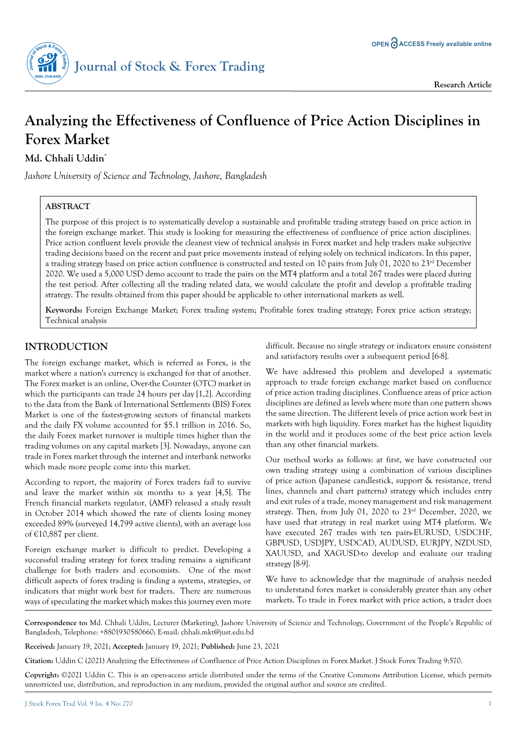Analyzing the Effectiveness of Confluence of Price Action Disciplines in Forex Market Md