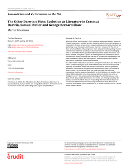 Evolution As Literature in Erasmus Darwin, Samuel Butler and George Bernard Shaw Martin Priestman