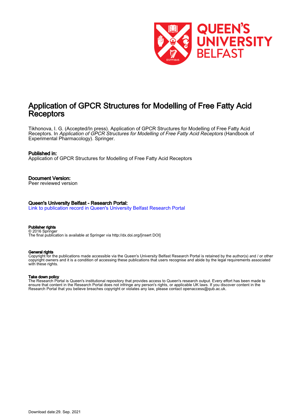 Application of GPCR Structures for Modelling of Free Fatty Acid Receptors