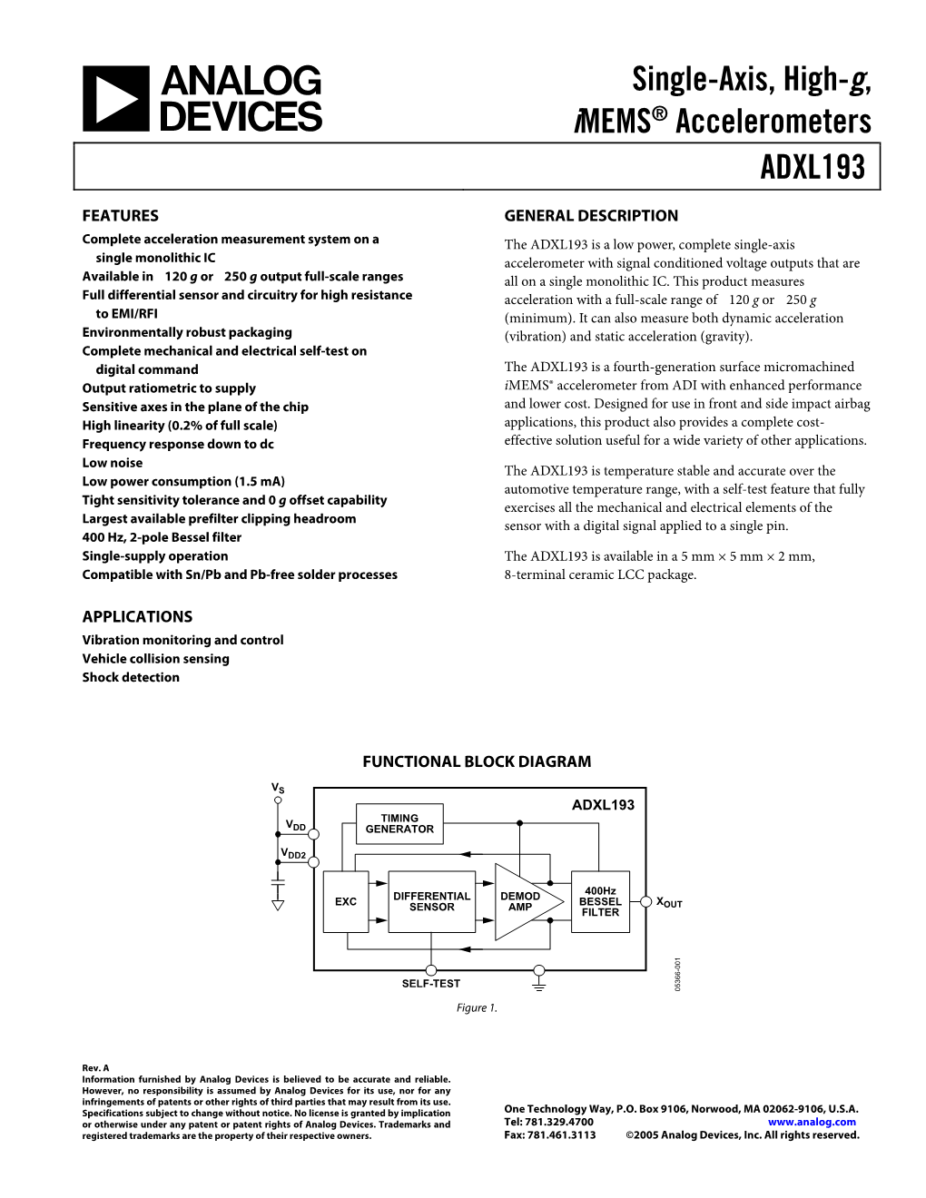 ADXL193 Single-Axis, High-G, Imems® Accelerometer Data Sheet