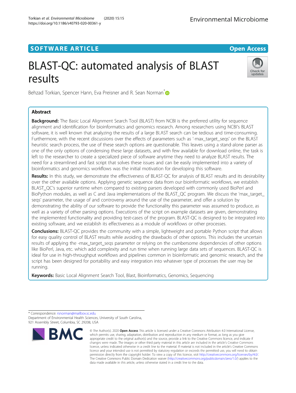 BLAST-QC: Automated Analysis of BLAST Results Behzad Torkian, Spencer Hann, Eva Preisner and R