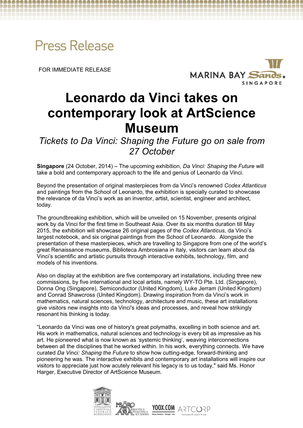 Leonardo Da Vinci Takes on Contemporary Look at Artscience Museum Tickets to Da Vinci: Shaping the Future Go on Sale from 27 October