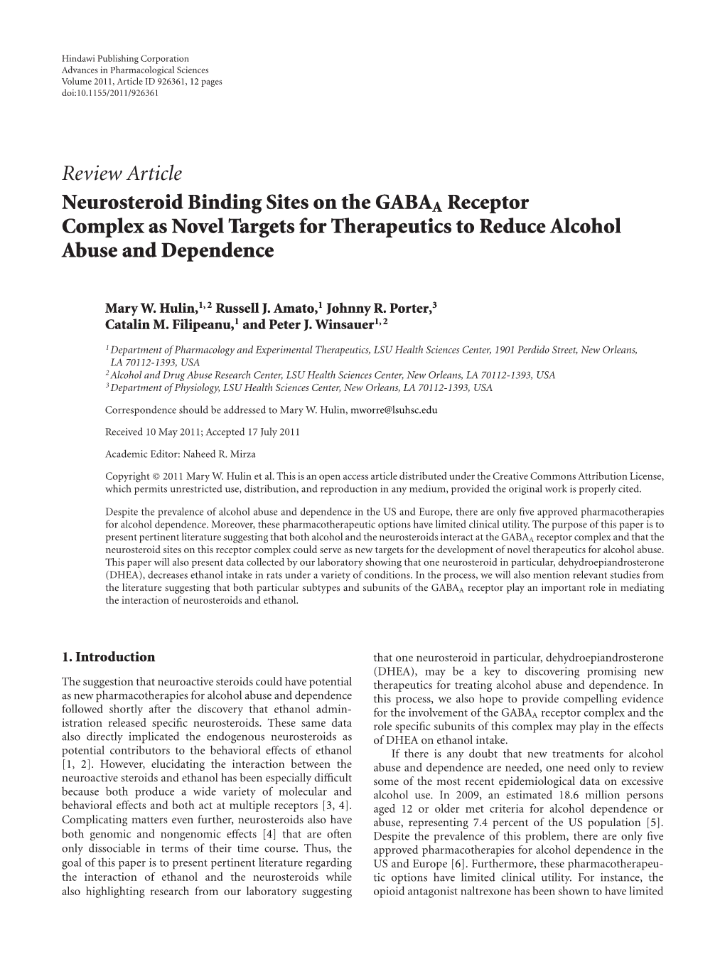 Neurosteroid Binding Sites on the GABAA Receptor Complex As Novel Targets for Therapeutics to Reduce Alcohol Abuse and Dependence