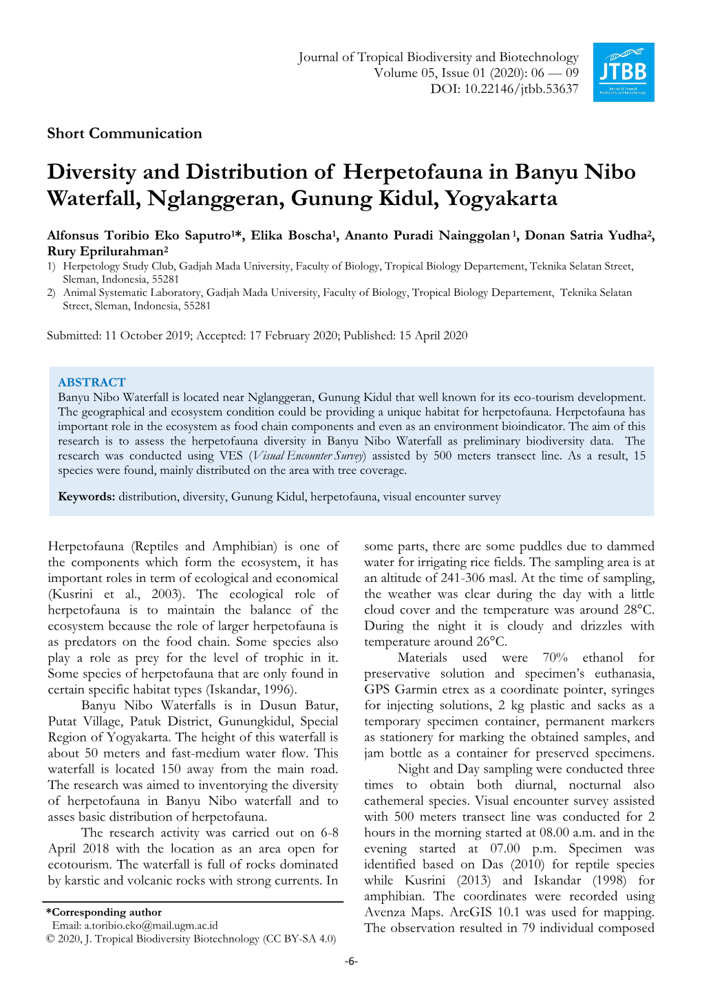 Diversity and Distribution of Herpetofauna in Banyu Nibo Waterfall, Nglanggeran, Gunung Kidul, Yogyakarta