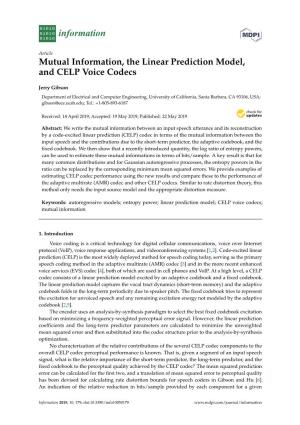 Mutual Information, the Linear Prediction Model, and CELP Voice Codecs