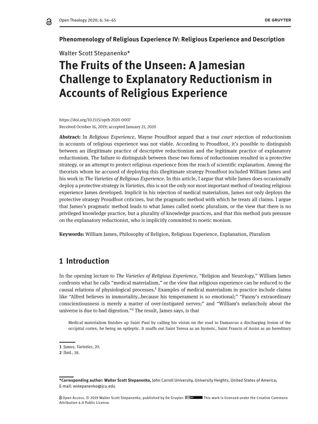 A Jamesian Challenge to Explanatory Reductionism in Accounts of Religious Experience