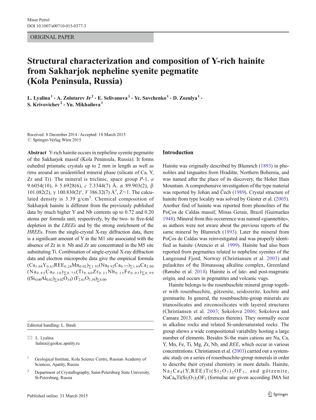 Structural Characterization and Composition of Y-Rich Hainite from Sakharjok Nepheline Syenite Pegmatite (Kola Peninsula, Russia)